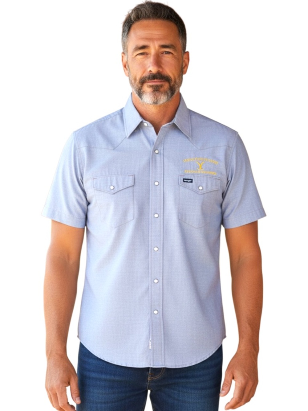 Wrangler Light Blue Yellowstone Dutton Ranch Short Sleeve Snap Shirt (S)